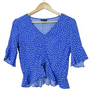 Topshop Polka Dot Blouse Cropped Ruffle Going Out Date Night Paris Travel Size 2